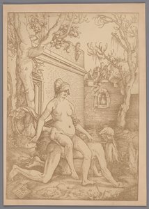 Fotoreproduktion des Holzschnitts Aristoteles und Phyllis von Hans Baldung Grien