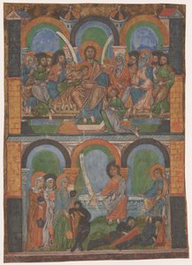 Fragment eines liturgischen Buches: das Letzte Abendmahl und die drei Frauen am leeren Grab