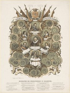 Gedenk- und Festplatte mit Porträts von Wilhelm I., Prinz von Oranien, seinen Söhnen Maurits und Frederik Hendrik, Prinzen von Oranien, seinen Brüdern Ludwig, Adolf und Heinrich, Grafen von Nassau, und Wilhelm Bloys von Treslong von Anonymous