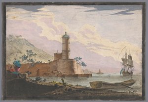 Ansicht eines Hafens mit einem Turm am Wasser