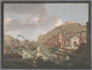 Ansicht eines südlichen Hafens mit Schiffen und Booten auf dem stürmischen Wasser von Anonymous