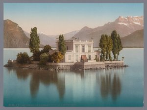 Ansicht der Île de Salagnon im Genfersee, im Hintergrund die Dents du Midi