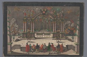Gezicht op vuurwerk en een triomfboog met een tweekoppige adelaar en de naam van Jozef II, Duits keizer von Anonymous