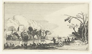 Hirte mit Ziegen und Schafen bei einem Fluss