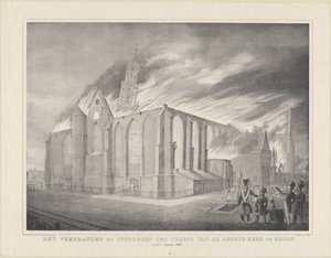 Das Verbrennen und Einstürzen des Turms der Großen Kirche in Hoorn, am 3. August 1838