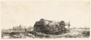 Landschaft mit Hütten und einer Heuscheune: querformatig von Anonymous