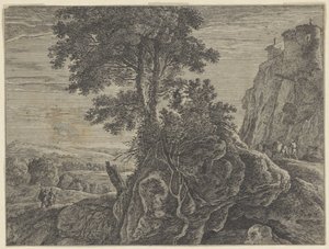 Landschaft mit einem Gebäude auf einem Felsen