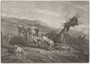 Landschaft mit einer Hirtin, die eine Ziege melkt