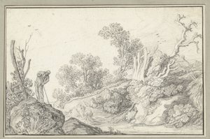 Landschaft mit kahlem Baum und Mann mit Stock