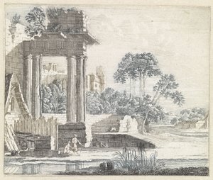 Landschaft mit klassischen Ruinen am Wasser