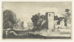 Landschaft mit quadratischem Turm bei Häusern