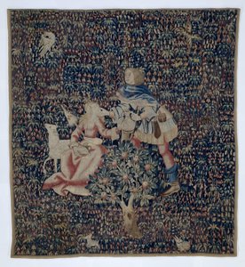 Millefleurs met herder en herderin (fragment)