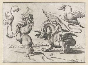 Monster mit Trompete und einer Art Kranich (Groteske Figuren umgeben von einer Rahmenlinie) von Anonymous