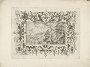 Ornamentrahmung mit Rollwerk und Figuren, darin Landschaft mit Venus und Adonis