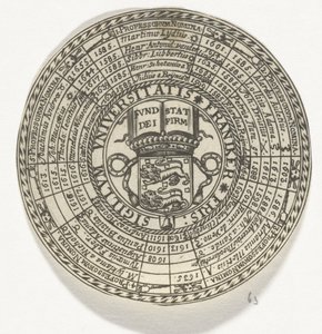 Münze der Universität Franeker mit den Namen der Professoren und dem Wappen der Universität
