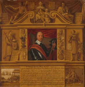 Porträt von Oliver Cromwell, in einem Rahmen mit allegorischen Figuren und historischen Darstellungen