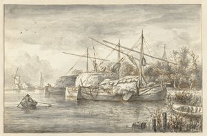 Flusslandschaft mit einigen Heuschiffen