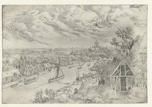 Flusslandschaft mit Treckschute und Netzfischern