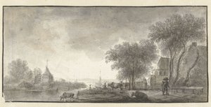 Flusslandschaft mit Vieh und einigen Häusern von Anonymous