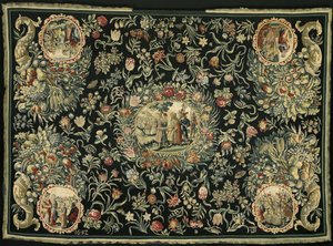 Tischdecke mit der Geschichte von Josef und einem Blumenmuster
