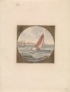 Segelschiff auf See und im Vordergrund eine Schaluppe