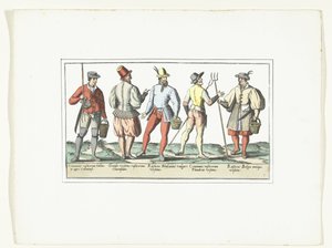 Vier Bauern in aktueller Mode und einer in alter Mode, ca. 1580 (Modes rustiques)