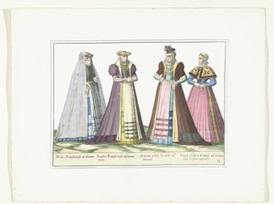 Vier Frauen in deutscher Mode in Frankfurt, ca. 1580 (Costumes Allemands)