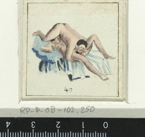 Liebespaar, Mann liegt umgedreht auf Frau (Serie: Acht erotische Szenen)