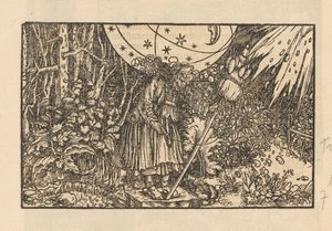 Frau mit Spinnrocken in einem Wald und einem Himmelsgewölbe
