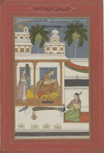 Frau zeichnet das Porträt ihres abwesenden Geliebten (Dhanashri Ragini)