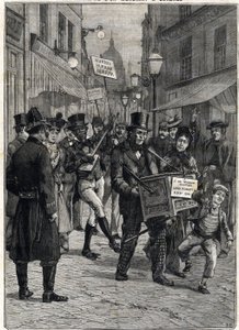 Ein Bettler namens Viscount Hinton, ein barbarischer Orgelspieler in den Straßen Londons, wurde nach dem Tod seines Vaters Lord Poulett Millionär, der ihm sein Vermögen vermachte. Gravur. In „Le Petite Parisien“, am 12.02.1899. Private Sammlung von Anonymous Anonymous