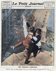 Ein Paar extremer Tänzer, entwickelt sich auf dem Sims eines Wolkenkratzers in New York. Illustration aus „Le petit journal illustré“ vom 21.08.1921. Private Sammlung
