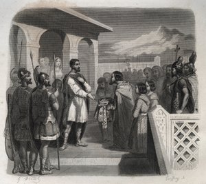 Eine Abordnung der Stadt Clermont bietet dem heiligen Sidoine Apollinar (Caius Sollius Apollinaris Sidonius), Politiker, Bischof und gallo-römischer Schriftsteller (430-486), das Bischofsamt an. Gravur von 1846 in „Lives of the saints“. Private Sammlung