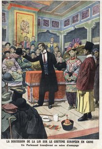 Eine Diskussionssitzung im chinesischen Parlament über das neue Gesetz zur europäischen Kleidung in China, einer der Parlamentarier präsentiert einen westlichen Anzug mit Zylinder und Melone. Illustration aus „Le Petite Journal“ vom 15.09.1912. Private Sam von Anonymous Anonymous