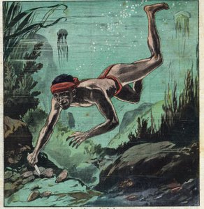 Ein Perlentaucher riskiert sein Leben in den tropischen Meeren von Ceylon und Polynesien, um elegante Damen mit Halsketten und Schmuck zu versorgen. Illustration aus „Le Petite Journal“ vom 11.03.1923. Private Sammlung.