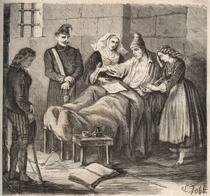 Eine Hochzeit im Rochefort-Bagne im 19. Jahrhundert. Gravur in „Histoire des bagnes depuis leur création à nos jours“ (1877) von Pierre Zaccone (1817-1895). Private Sammlung.