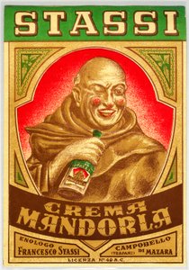 Werbung für Mandel-Likör mit einem Mönch mit roten Wangen