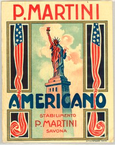 Werbung für italienischen Shortdrink Americano, mit amerikanischer Flagge und Freiheitsstatue von Anonymous Anonymous