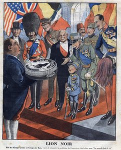 Werbung für die Politur „Schwarzer Löwe“, der „König der Glanzcreme und Glanz der Könige, hat gerade das Problem des Öffnens von Dosen mit „Seiner neuen Schlüsseldose“ gelöst. Von links nach rechts sehen wir: US-Präsident Calvin Coolidge (1872-1933), König von Anonymous Anonymous