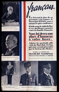 Werbeplakat für den Verkauf von Porträts von Marschall Philippe Petain während des Zweiten Weltkriegs und Lobpreisung Petains (verkauft zugunsten der nationalen Hilfe zur Bekämpfung der Armut)