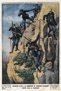Alpenjäger suchen nach verlorenen deutschen Touristen. Sie wollten zum Berg Nero (Helm du Nero) im Chartreuse-Massiv. Gravur in „Le Petit Journal“, am 07.07.1912. Private Sammlung.
