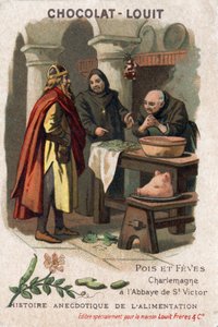 Anekdotische Geschichte des Essens: Erbsen und Bohnen. Karl der Große (742-814) fragt die Mönche der Abtei Saint Victor nach dem Rezept, die Erbsen auf bemerkenswerte Weise zubereiteten. Chromolithographie von Chocolate-Louit, Ende des 19. Jahrhunderts.