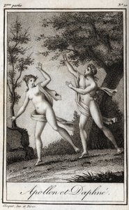 Apollo und Daphne. Die Nymphe Daphne verwandelt sich in einen Lorbeerbaum, um Apollo zu entkommen. Gravur von 1819 in „Lettres à Emilie sur la mythologie“ von Charles Albert Demoustier (1760-1801). Private Sammlung. von Anonymous Anonymous