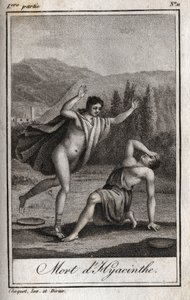 Apollo und Hyacinthos (Tod von Hyacinthos). Gravur von 1819 in „Lettres à Emilie sur la mythologie“ von Charles Albert Demoustier (1760-1801). Private Sammlung. von Anonymous Anonymous