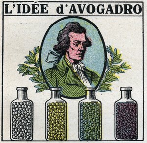 Atome: Die Idee von Amedeo Avogadro. Anonyme Illustration von 1925. Private Sammlung. von Anonymous Anonymous