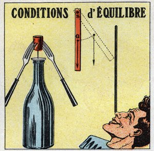 Gleichgewicht von Festkörpern: Gleichgewichtsbedingungen. Experiment mit einer Flasche, einem Stopfen und zwei Gabeln. Anonyme Illustration von 1925. Privatsammlung. von Anonymous Anonymous