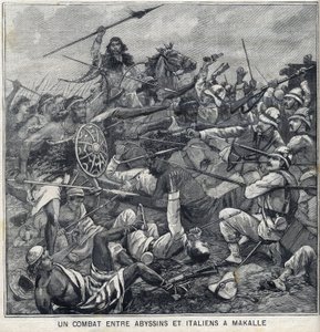 Schlacht zwischen den Abessiniern von Menelik II. und den Italienern in Makalle, Äthiopien. Gravur in „Le Petite Parisien“