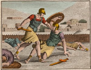 Schlacht der Horacier und Curiacier - Schlacht zwischen Horatii und Curiatii - Gravur aus „The Rollin of Youth or Selected Pieces of Ancient and Roman Stories“ 1816 - Private Sammlung