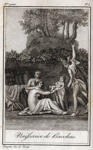 Geburt des Bacchus, Sohn von Jupiter und Semele. Gravur von 1819 in „Lettres à Emilie sur la mythologie“ von Charles Albert Demoustier (1760-1801). Privatsammlung. von Anonymous Anonymous