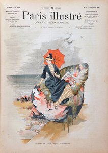 Am Meer, Allegorie von Habert Dys. Elegante Frau mit einem Regenschirm, die auf einer riesigen Muschel sitzt und am Strand posiert. Gravur von 1887 in „Paris-Illustrous journal weekly“. von Anonymous Anonymous